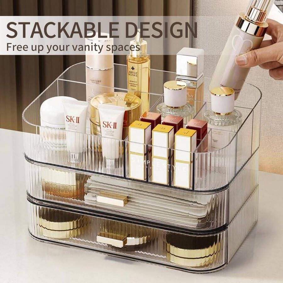 Make-up Organizer met stapelbare laden ijdelheid badkamer dressoir slaapkamer cosmetische vitrinekasten grote capaciteit schoonheidsopslag kaptafel huidverzorging aanrecht organizer-transparant