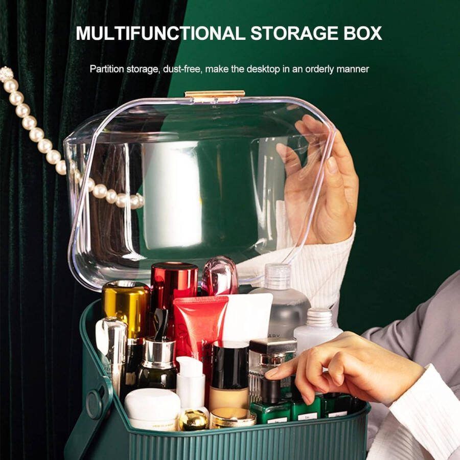 Make-up organizer met stofdicht deksel 2 laden en draaggreep 180 graden draaibaar groen