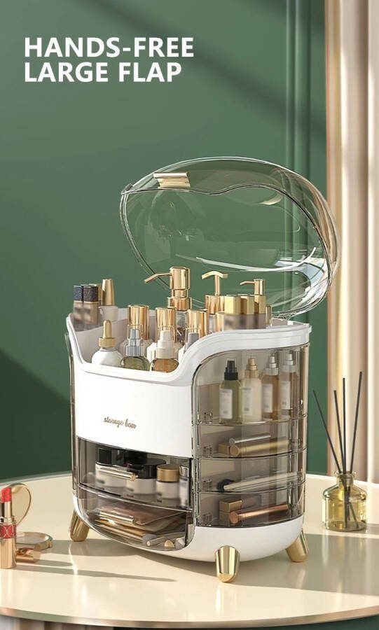 One Stop Shop Make-up organizer Sierraden opbergdoos opbergbox voor cosmetica Beautycase met stofdicht deksel beauty-organizer met 8 opbergruimtes en draaggreep Wit