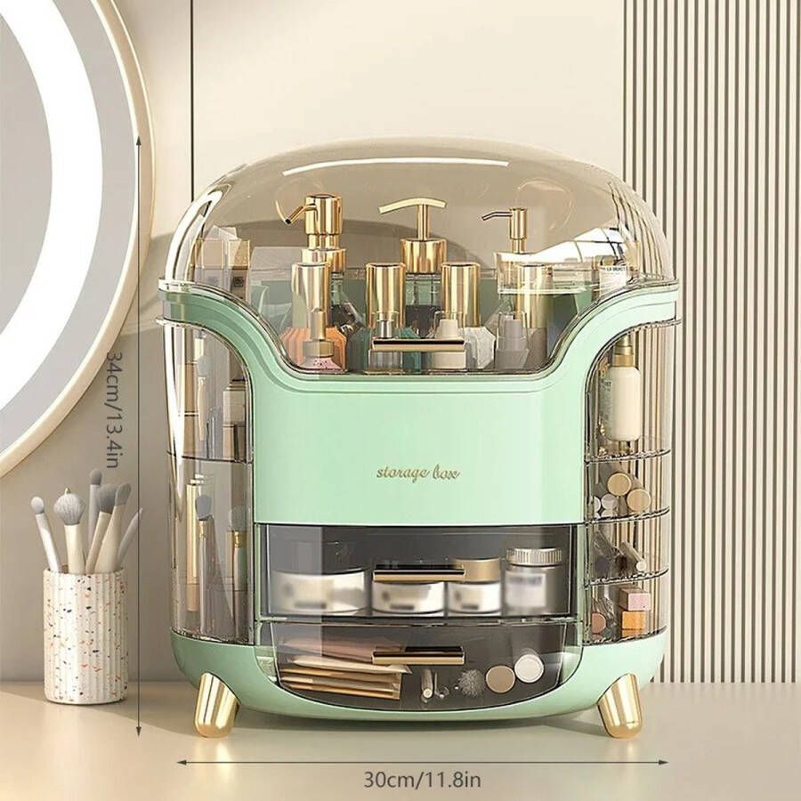 Make-up organizer Sierraden opbergdoos opbergbox voor cosmetica Beautycase met stofdicht deksel beauty-organizer met 8 opbergruimtes en draaggreep Groen
