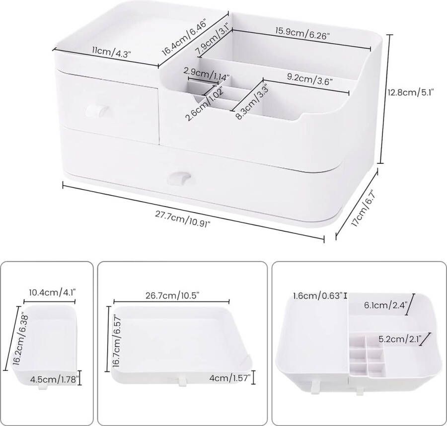 Make-up organizer voor cosmetische opslag: make-upborstel opbergdoos badkamer met lades badkamer kaptafel acryl make-up box container voor nagellak lippenstift wit