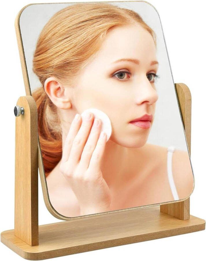 Make-up spiegel 360 Graden Draaibaar Tafelblad met Standaard Houten Frame Groot formaat Cosmetische HD Spiegel