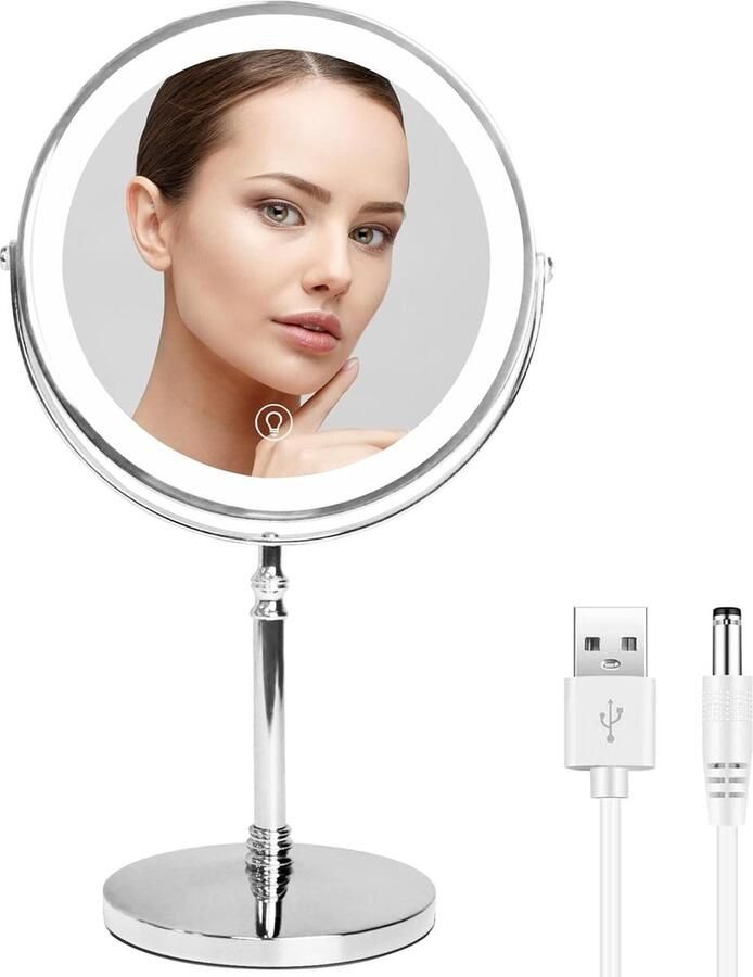 Make-up spiegel Aanrecht Vanity Mirror 8 '' Oplaadbare 1x 10x Stand met 3 Kleurmodi en Verstelbare Helderheid Sliver