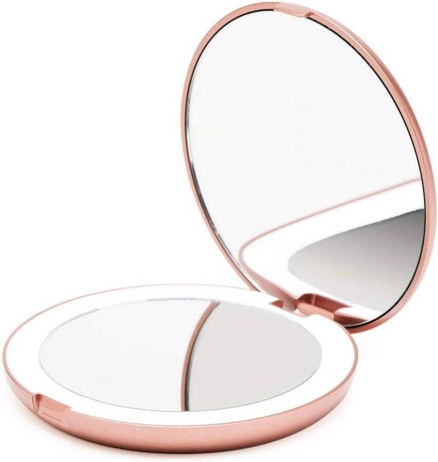Make-up spiegel Compacte LED verlichte Make-up Spiegel voor op Reis 1X 10X vergroting Daglicht LED Draagbaar Grote 127mm brede Reisspiegel met Licht Zijdewit Lumi (Rose Goud)