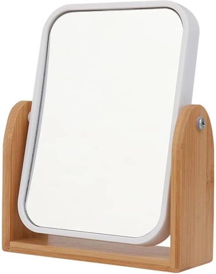 Make-up Spiegel Dubbelzijdig 360 Graden Draaibare Tafelblad Make-up Spiegel met Stand Hoog Helder Houten Desktop Spiegel Rechthoekige Spiegel Vrijstaand Wit