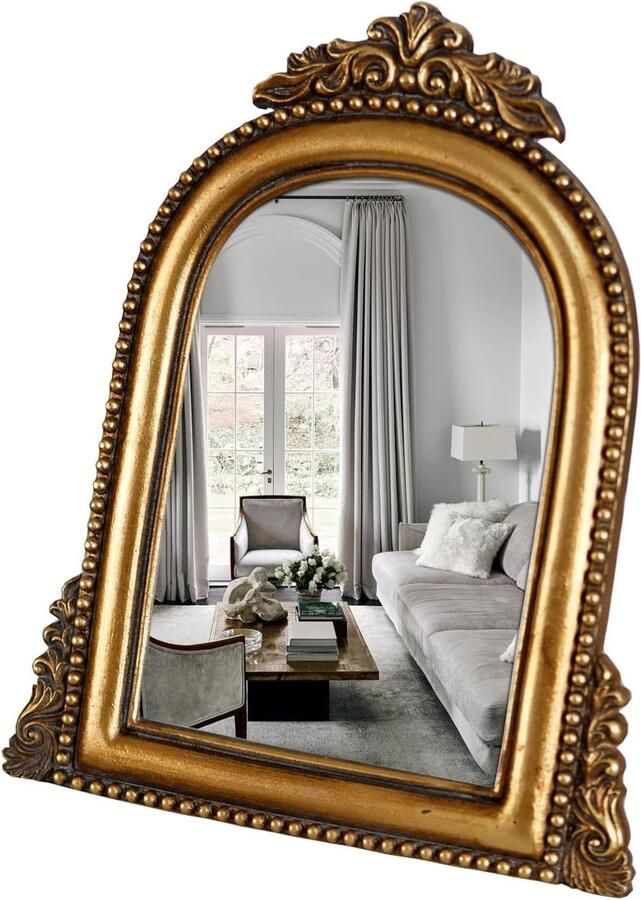 Make-up Spiegel Gouden Sierlijke Barokke Vanity Bureau Tafel Gebogen Make-up Spiegel Antieke Spiegel Met Hars Frame 9.6X6.5 cm