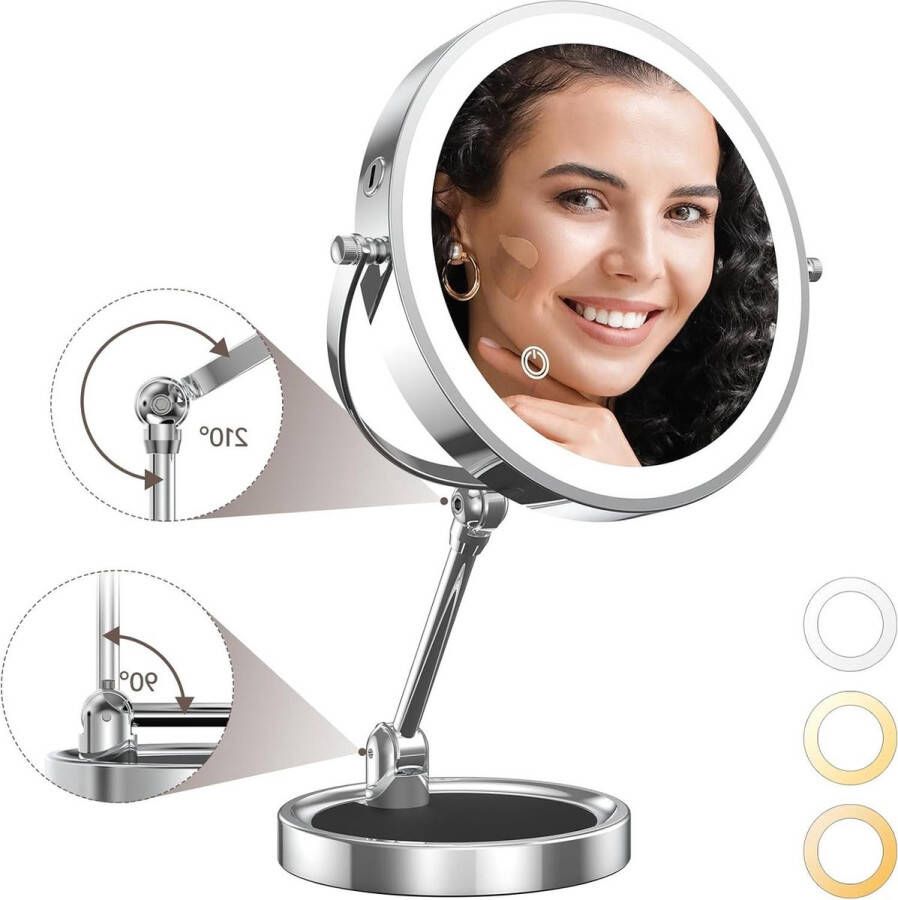 Make-up spiegel Grote verlichte 1X 10x dubbelzijdige-3 kleuren dimbare vergrootspiegel-licht-verstelbare-8 inch-oplaadbare-opvouwbare spiegels-360 ° draaibaar-touchscreen-tafelblad