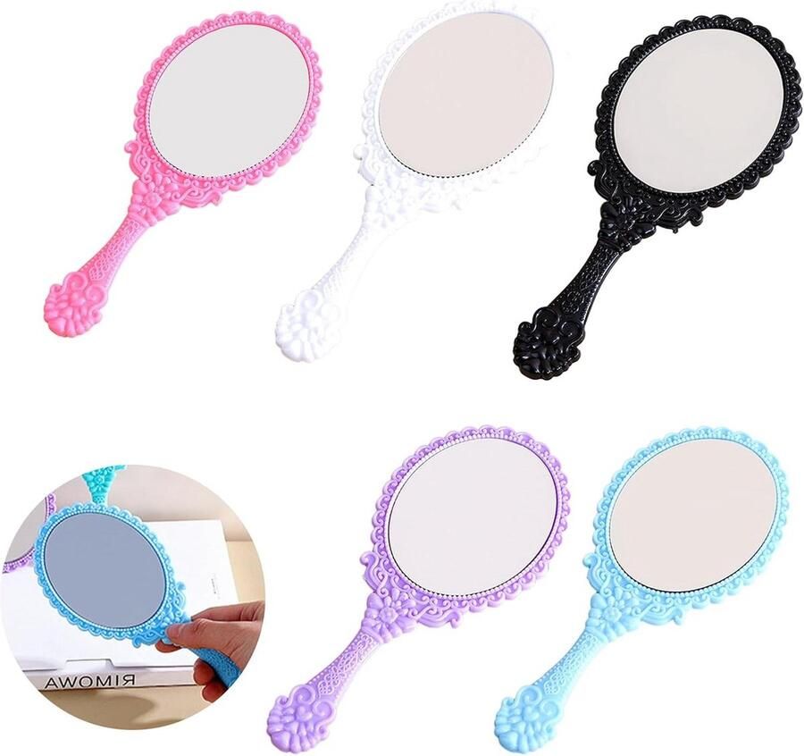 Make-up Spiegel Handspiegeltje In Prinsessenstijl Retro Schattig Plastic Zwart Wit Blauw Roze Paars