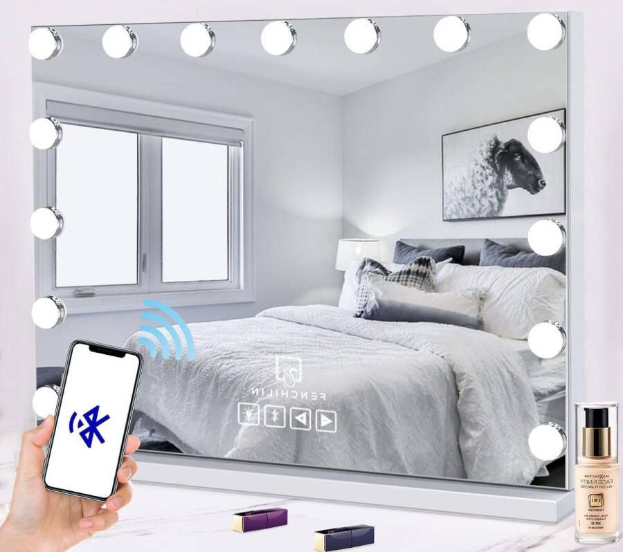Make-up Spiegel Hollywood-spiegel Makeup-Spiegel met Bluetooth en USB-aansluiting 15 dimmer LED-verlichting Aanraakbediening 3 lichtweerhaken 58x46cm
