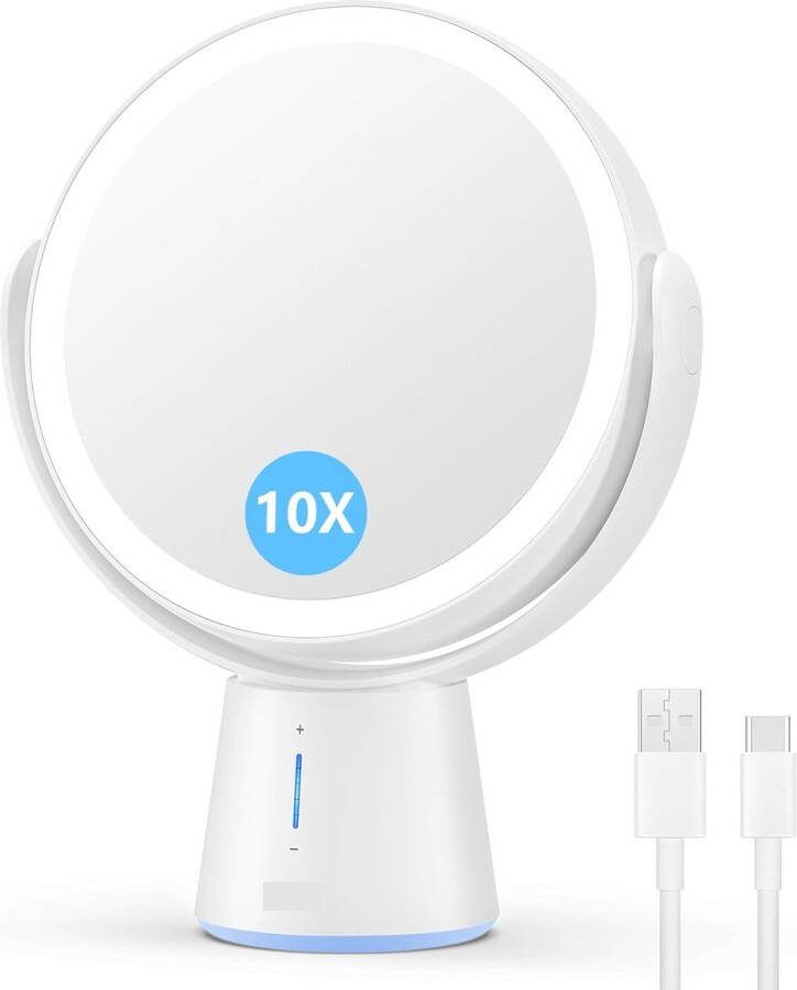 Make-up Spiegel LED Verlicht met 1X 10X Vergroting en 5 Dimbare Helderheidsniveaus Dubbelzijdige Cosmeticaspiegel Oplaadbaar 360° Draaibaar voor Thuis en Onderweg