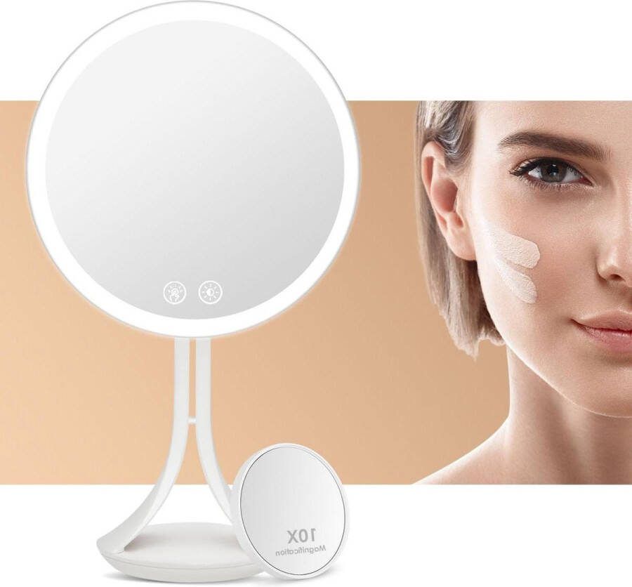 Make-up spiegel LED Verlichte Staand USB Oplaadbare Dimbare Tafelspiegel met 3 Lichtkleuren Aanraakschakelaar Draaibaar voor Ideale Make-up