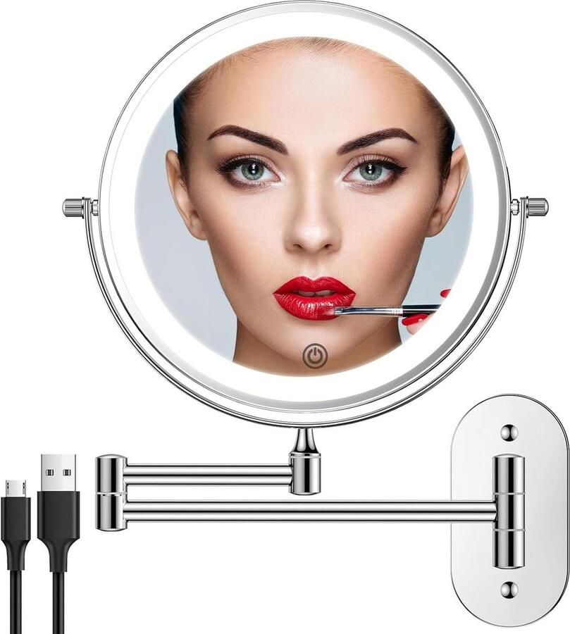 Make-up Spiegel LED-verlichting 1X 10X vergroting-wandmontage-dimbaar-scheerspiegel-360° draaibaar-3 kleuren touchscreen- oplaadbaar- badkamer