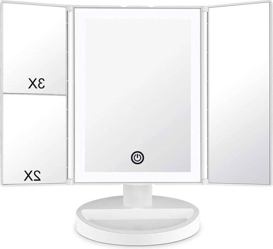 Make-up spiegel LED-Verlichting Touchscreen Drievoudig Vergroting 180 ° Verstelbare Rotatie Werkt op Batterijen USB Aanrecht Cosmetische Spiegel Wit