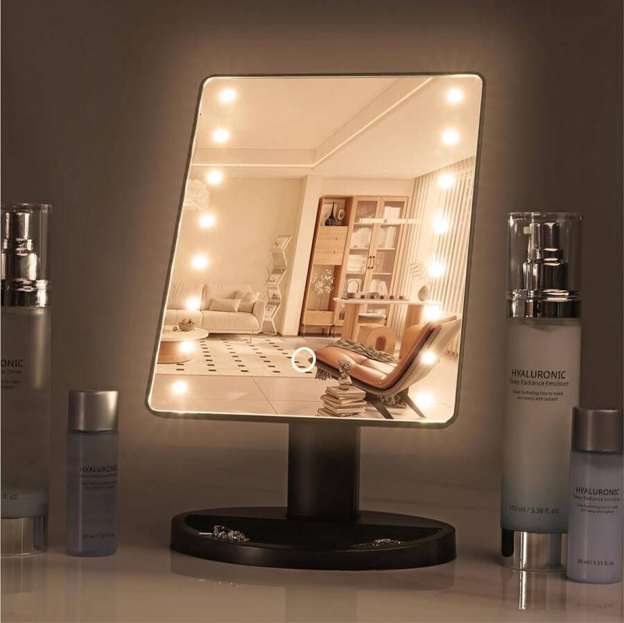 Make up spiegel met heldere ledverlichting Verstelbare makeup spiegel met verlichting tot 180 graden Met ronde spotspiegel met 10-voudige vergroting Zwart