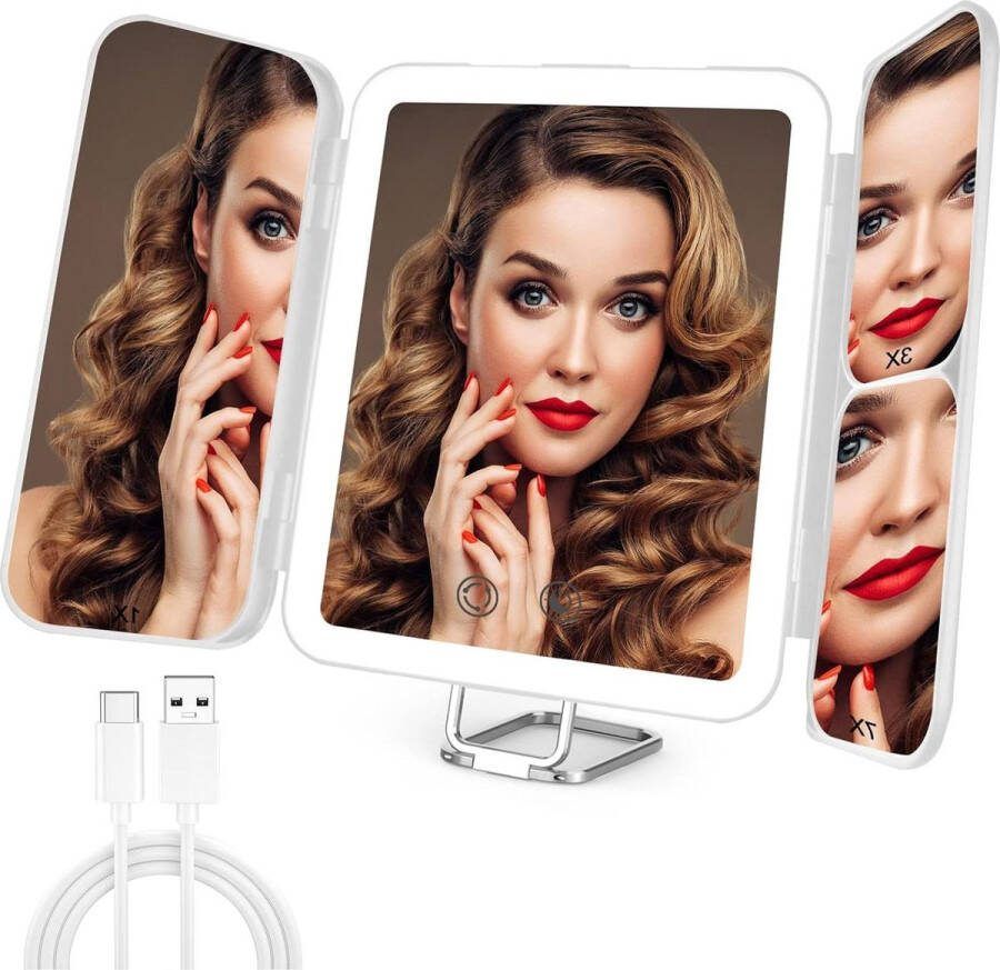 Make-up Spiegel met LED Licht en Vergroting Drie-Kleur Lichtinstellingen Touchscreen Oplaadbaar Kaptafel Badkamer Slaapkamer