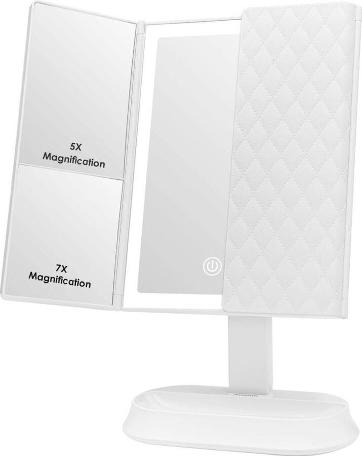 Make-up spiegel met LED-Verlichting en Touchscreen Drievoudig 1x 5x 7x Vergroting 90 ° Verstelbare Rotatie Werkt op Batterijen en USB Aanrecht Cosmetische Spiegel (Wit)