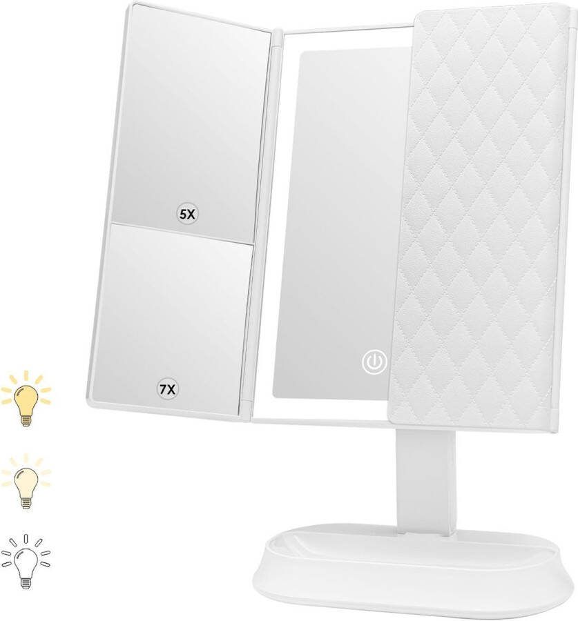 Make-up spiegel met LED-Verlichting en Touchscreen Drievoudig 1x 5x 7x Vergroting 90 ° Verstelbare Rotatie Werkt op Batterijen en USB Aanrecht Cosmetische Spiegel (Wit)