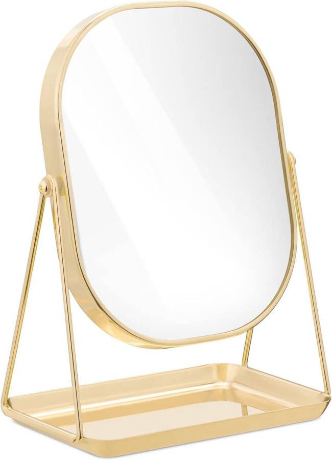 Make-up spiegel met sieradentray Staande scheerspiegel met metalen frame Draaibare cosmeticaspiegel met standaard Roségoudkleurig