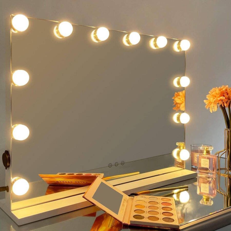 Make-up spiegel met verlichting voor tafel 12 dimbare LED lampen Hollywood stijl USB aangedreven 58X43 cm