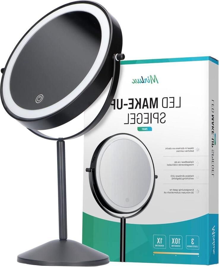 Make-Up Spiegel met Verlichting voor Wandmontage Dubbelzijdige Kosmetica Spiegel 1x 5x Vergroting 3 Lichtstanden Flexibele Arm Oplaadbaar via USB Zwart Staand