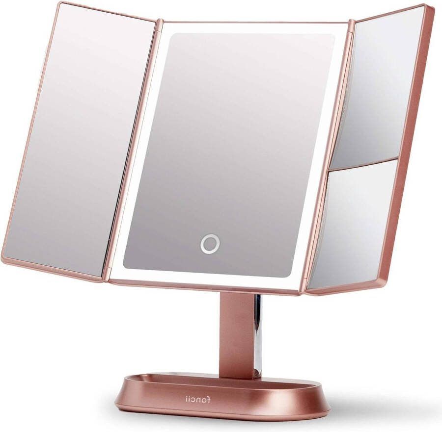 Make-up Spiegel Natuurlijke LED Verlichting 5x & 7x Vergroting Driedelige Makeup Mirror dimbare Touch Screen Stand Sora (Rosegoud)