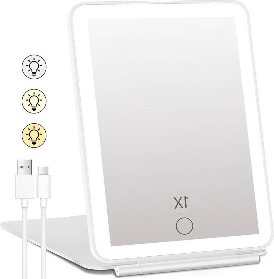 Make-up spiegel Oplaadbare make-upspiegel met ledlampjes voor op reis draagbare make-upspiegel met verlichting dimbaar 72 ledlampjes verlichte schoonheidsspiegel 3 kleuren touchscreen (Wit)
