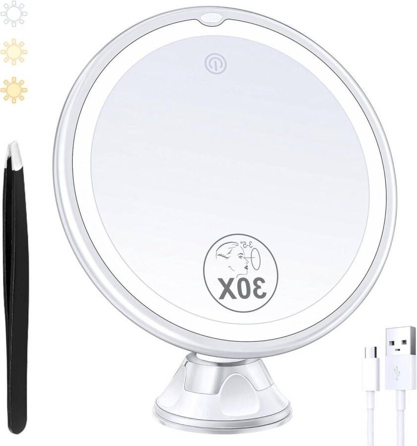 Make-up spiegel Oplaadbare vergrotende spiegel met licht 30x vergrotende spiegel zuignap met licht 3 kleurmodi instelbare helderheid 360 ° draaibare zuignap spiegel 1500 mAh