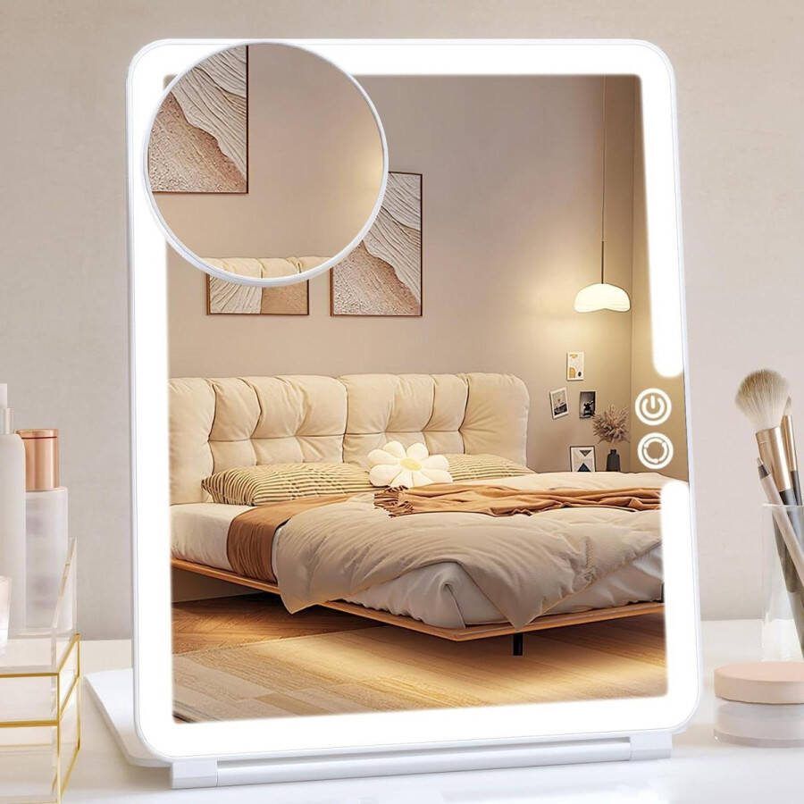 Make-up Spiegel Opvouwbare reizen oplaadbare 1800mA draagbare verlichte make-upspiegel met 10x vergrotende spiegel 3 kleuren dimbare ultradunne make-upspiegel met verlichting wit