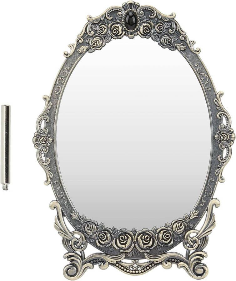 Make-up Spiegel Retro Desktop Antieke Vintage Tafelblad Reliëf Holle Bloem Glanzende Voetstuk Draagbare Make-up Helpen Koper