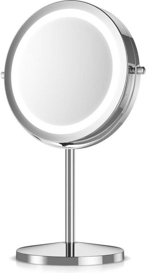Make-up Spiegel ronde spiegel met LED-verlichting dubbelzijdig 5x vergroting 360° draaibaar Diameter 17cm Zilver