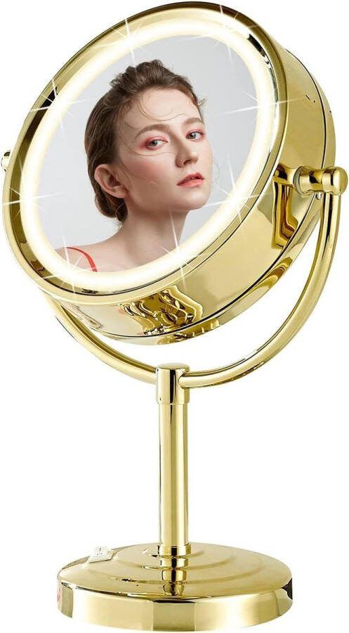 Make-up Spiegel Staande LED 3 Kleuren Licht Vergrotingsspiegel Verlichting 1x 5x Goud Ø 215 cm