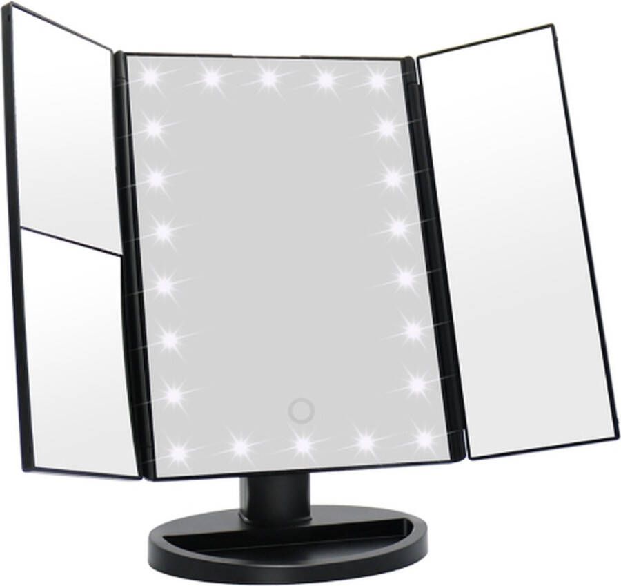 Make Up Spiegel – Staande spiegel zwart met 2 vergrootspiegels en 22 dimbare leds – Cosmetica Visagie spiegel Scheerspiegel op batterijen en USB (kabel incl)