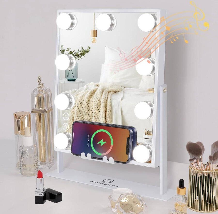 Make-up Spiegel Verlicht Draadloos Oplaadstation 360 Graden Draaibaar Dimbaar Hollywood Cosmetisch Spiegel Met 9 LED Lampen Wit 25x30 cm