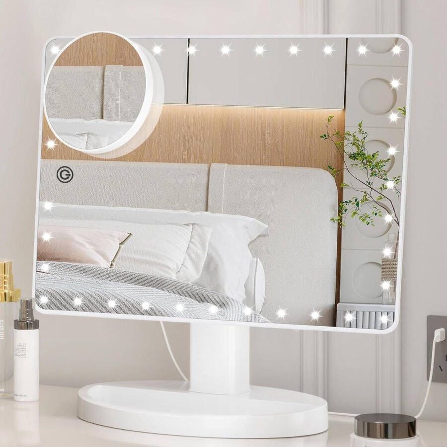Make-up Spiegel Verlichte Ijdelheid Spiegel 35 LED Verlichting Touchscreen Dimbaar 10x Vergrotingsspiegel Dubbele Voeding 360 Graden Rotatie Tafelblad Cosmetische Spiegel