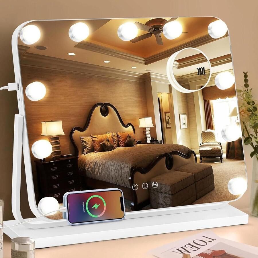 Make-up Spiegel Verlichte Make-upspiegel met 10X Vergroting Hollywood Stijl 3 Kleurverlichtingsmodi Smart Touch 360° Rotatie Voor Slaapkamer Tafelblad
