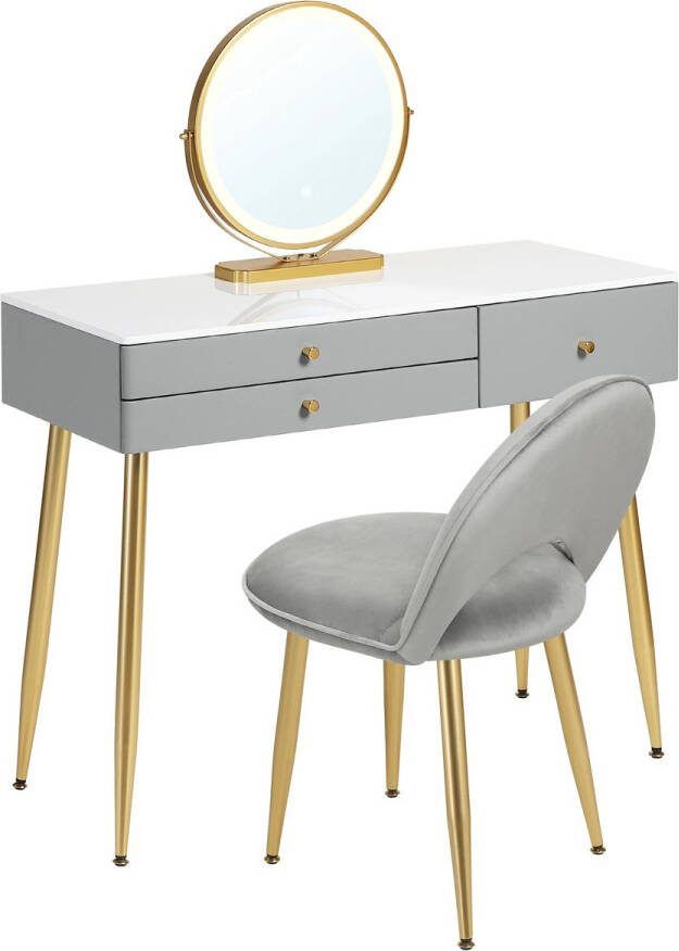 Make-up Tafel Kaptafel Dressoir Luxe Kaptafel Moderne look Wit Grijs Goud Met krukje Incl. Spiegel Incl. Stoel
