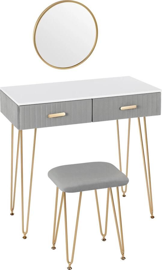 Make-up Tafel Kaptafel Dressoir Luxe Kaptafel Moderne look Wit Grijs Goud Met krukje Incl. Spiegel