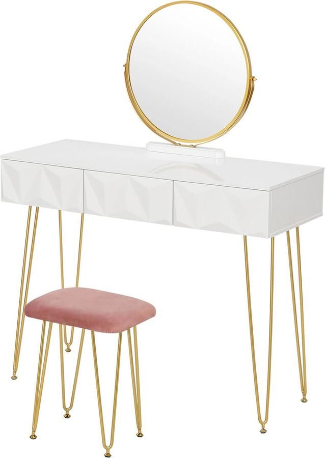 Make-up Tafel Kaptafel Dressoir Luxe Kaptafel Moderne look Wit Roze Goud Met krukje Incl. Spiegel