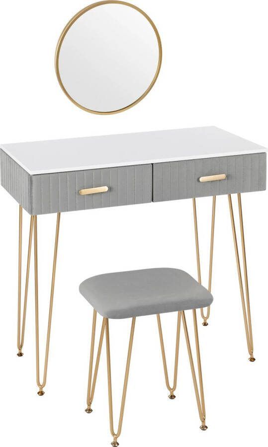 Make-up Tafel Kaptafel Met Spiegel Incl. Krukje Dressoir Luxe Kaptafel Slaapkamer Moderne look Grijs Goud