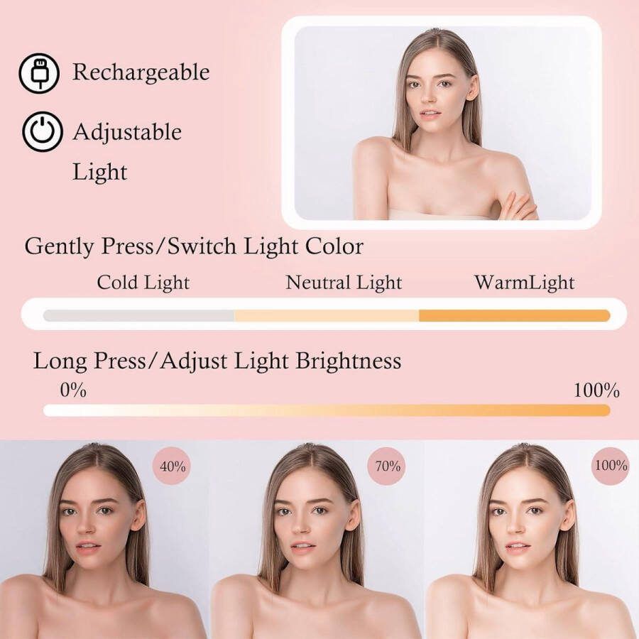 Make-up Tas met Led Licht Spiegel Grote Capaciteit Cosmetische Organizer voor Reizen Vanity Travel Case met Verstelbaar Compartiment Roze Modieus