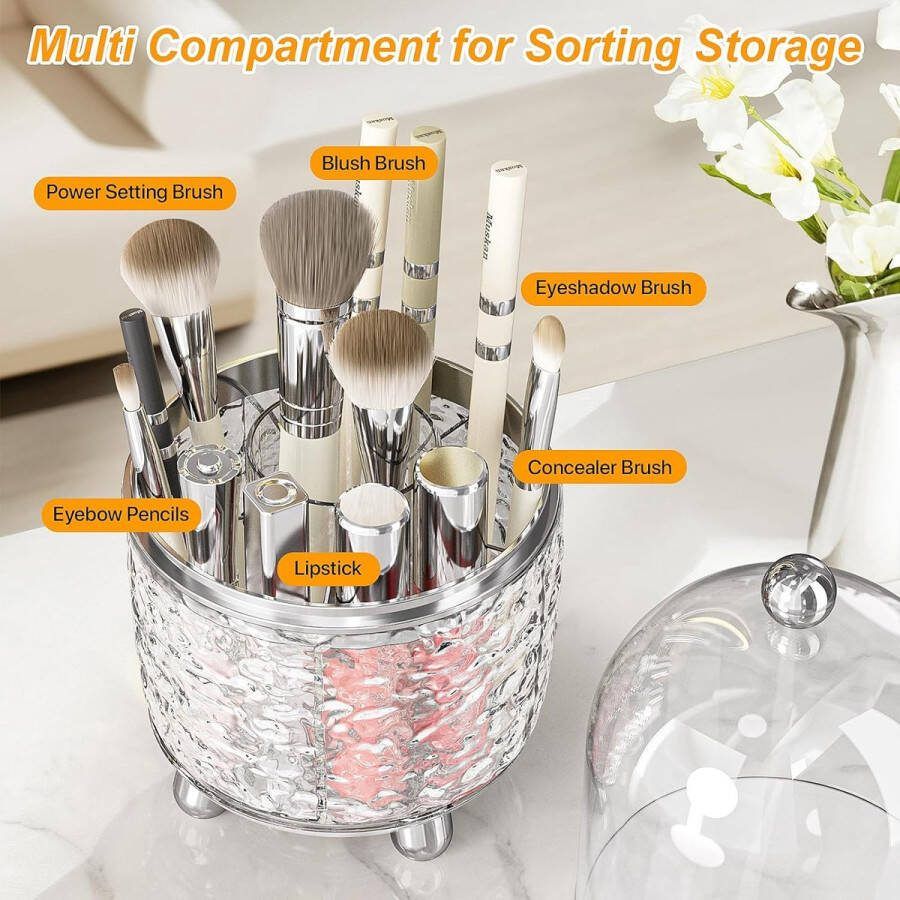 Make-upborstelhouder 360° draaibare make-uporganizer met deksel 6 compartimenten oogschaduwborstel lippenstiftdoos cosmetische organisator voor kamerdecoratie kaptafel slaapkamer badkamer