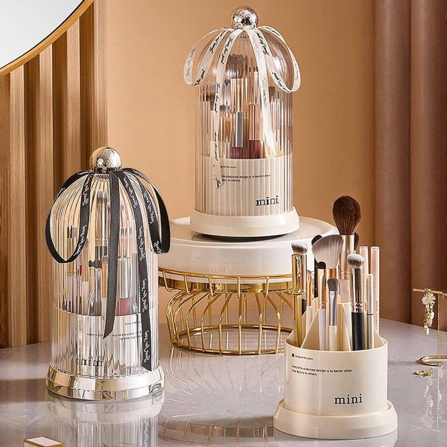Make-upborstelorganizer 360° draaibare cosmetische organisator met deksel borstelhouder cosmetica make-upborstelopslag met 7 compartimenten cosmetische opslag voor kaptafel badkamer (wit)