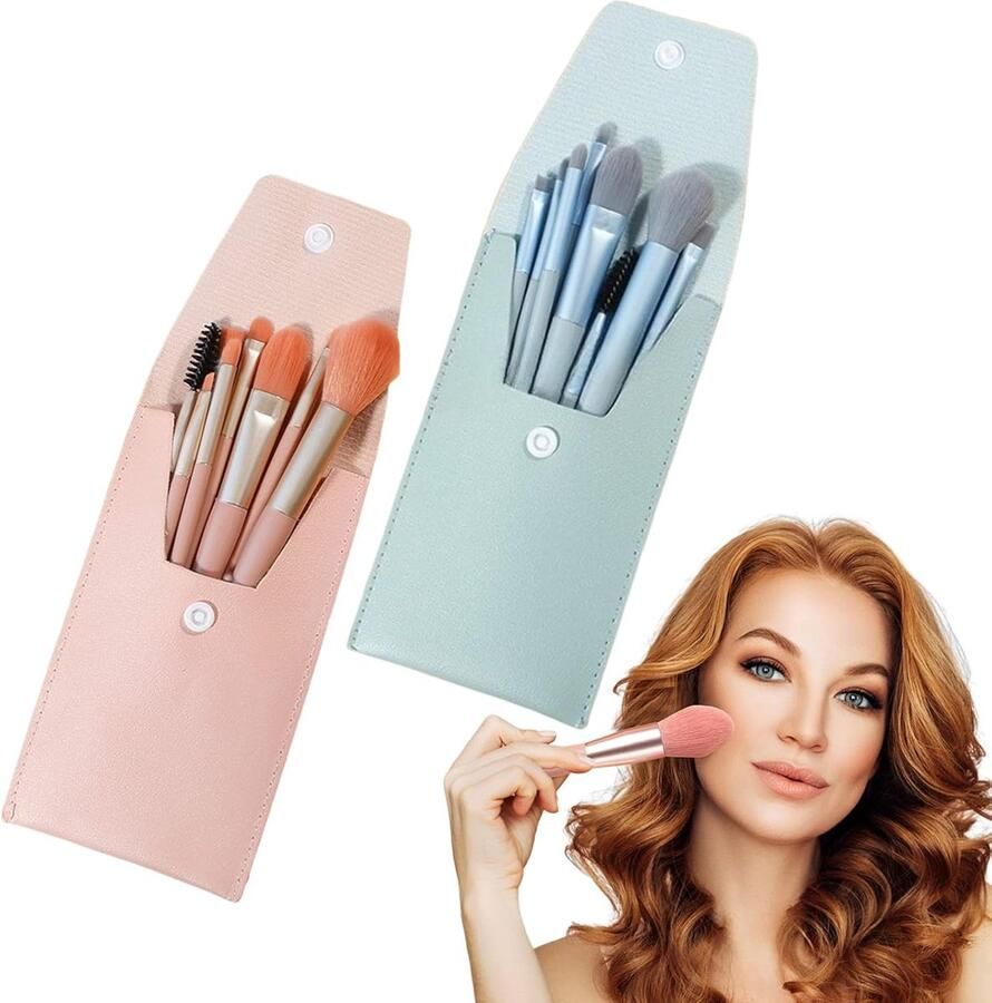 Make-upborstelset 16 stuks 2 sets professionele make-upborstels met 2 stuks cosmeticatas foundation borstel mengen blush concealers oogmake-up borstel set voor thuis reizen (roze en blauw)