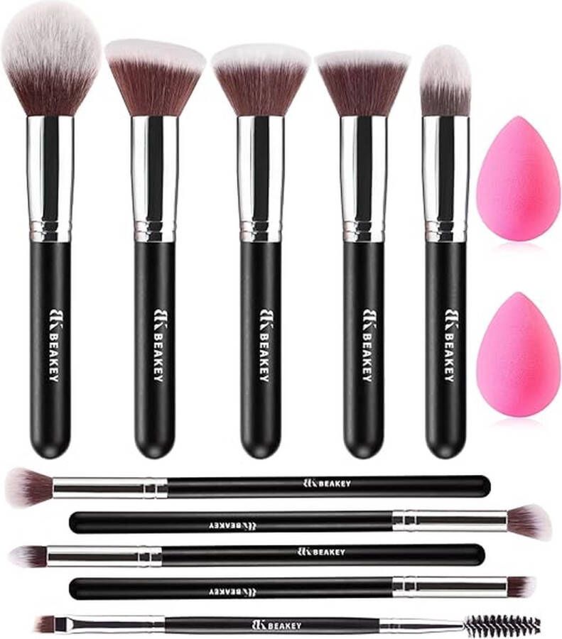 Make-upborstelset Premium synthetische Kabuki Foundation gezichtspoeder Blush Oogschaduwborstels Makeupborstelset met Blender Spons (10 + 2 stuks zwart zilver)
