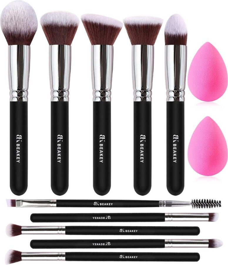 Make-upborstelset Premium synthetische Kabuki Foundation gezichtspoeder Blush Oogschaduwborstels Makeupborstelset met Blender Spons (10 + 2 stuks zwart zilver)