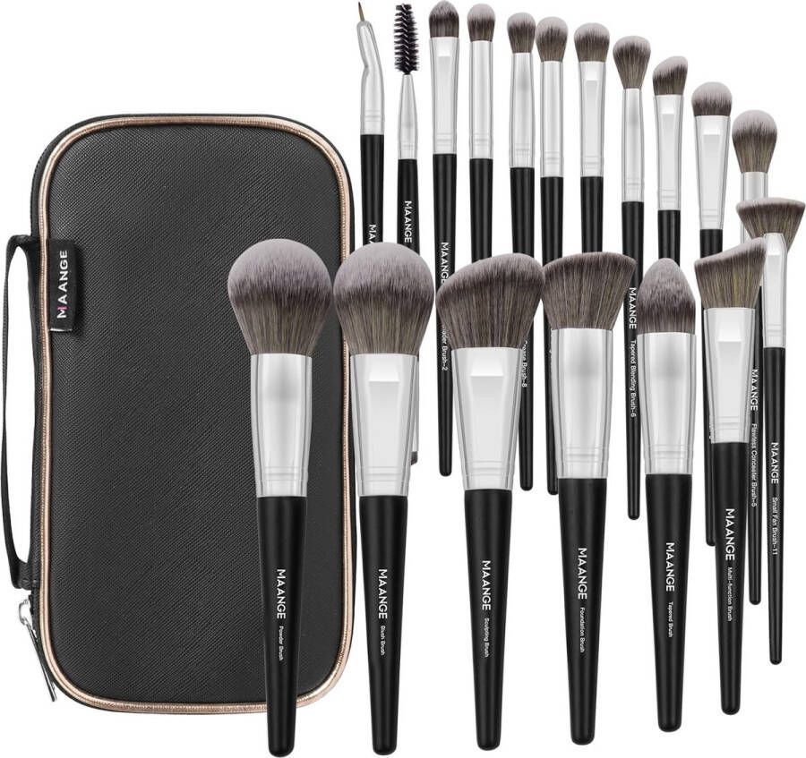 Make-upkwastenset 18 stuks professionele premium synthetische make-upkwasten met tas foundation kabuki eye reizen make-upkwastenset (zwart zilver)