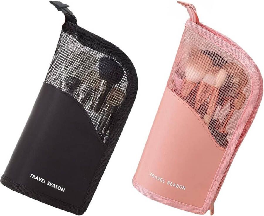 Make-upkwasttas 2 stuks reiscosmetica-houder make-upborsteltas voor dames lippenstift wenkbrauwstift highlight draagbare make-up-tool opbergtas (zwart roze) zwart roze