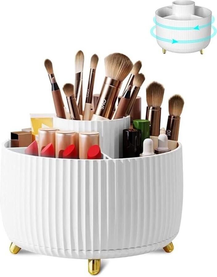 Make-uporganizer 360 graden draaibare kwastorganizer cosmetica-organizer voor kamer decoratie kaptafel slaapkamer badkamer. wit M