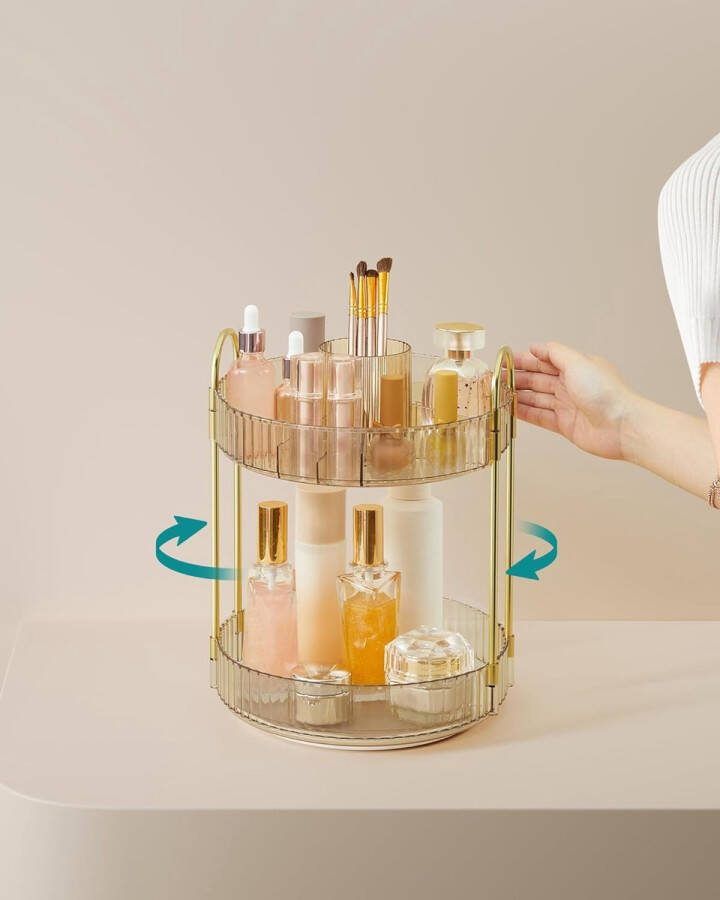 Make-uporganizer draaibaar cosmetica-organizer rond 2 niveaus cosmetica-opslag aanpasbaar voor kaptafel cadeau-idee champagnegoud