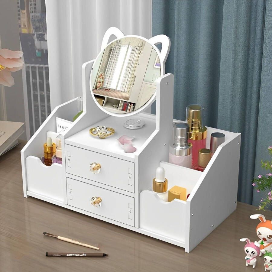 Make-uporganizer met spiegel en lade Cosmetica-organizer voor make-up en sieraden Toiletartikelenrek voor kaptafel in slaapkamer of badkamer